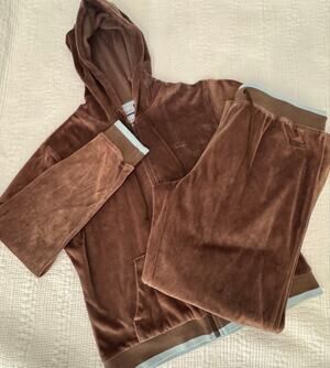 Reebok Vintage Women's Brown Velour Tracksuit Set Full Zip Hoodie Wide Leg Pants